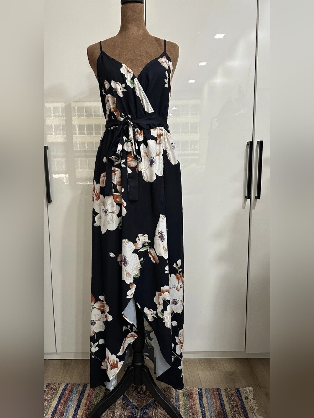 Floral Wrap Maxi Dress - Black with White Bloom